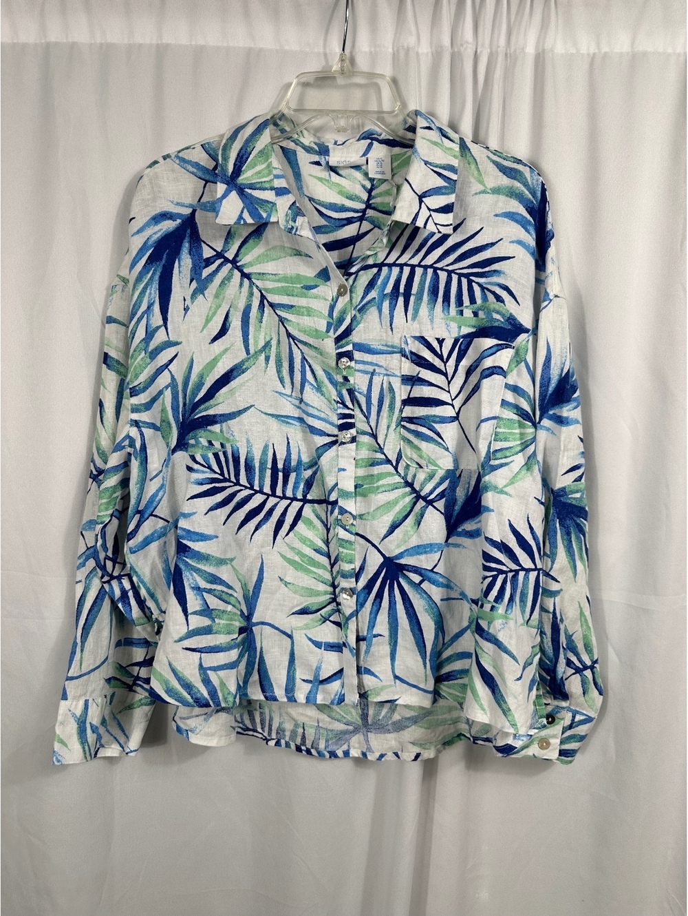 Sigrid Olsen Women's XL Linen Button-Up Shirt with Blue and Green Leaf Print